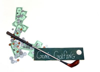 alt="Country club membership fees depicted by a golf club sitting on a pile of money with a sign that reads Gone Golfing"