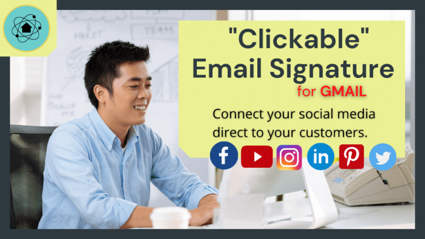 alt text = "professional man typing an email with words clickable email signature for gmail with social media icons"