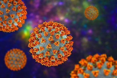 alt text = "3d coronavirus illustration clos-up of view of virus cell with spikes"