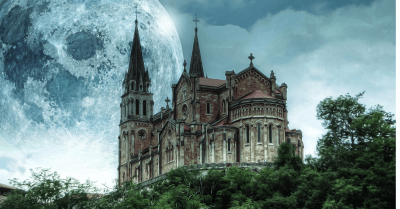 alt text = "blood curdling dark creepy haunted mansion with full moon in the background"