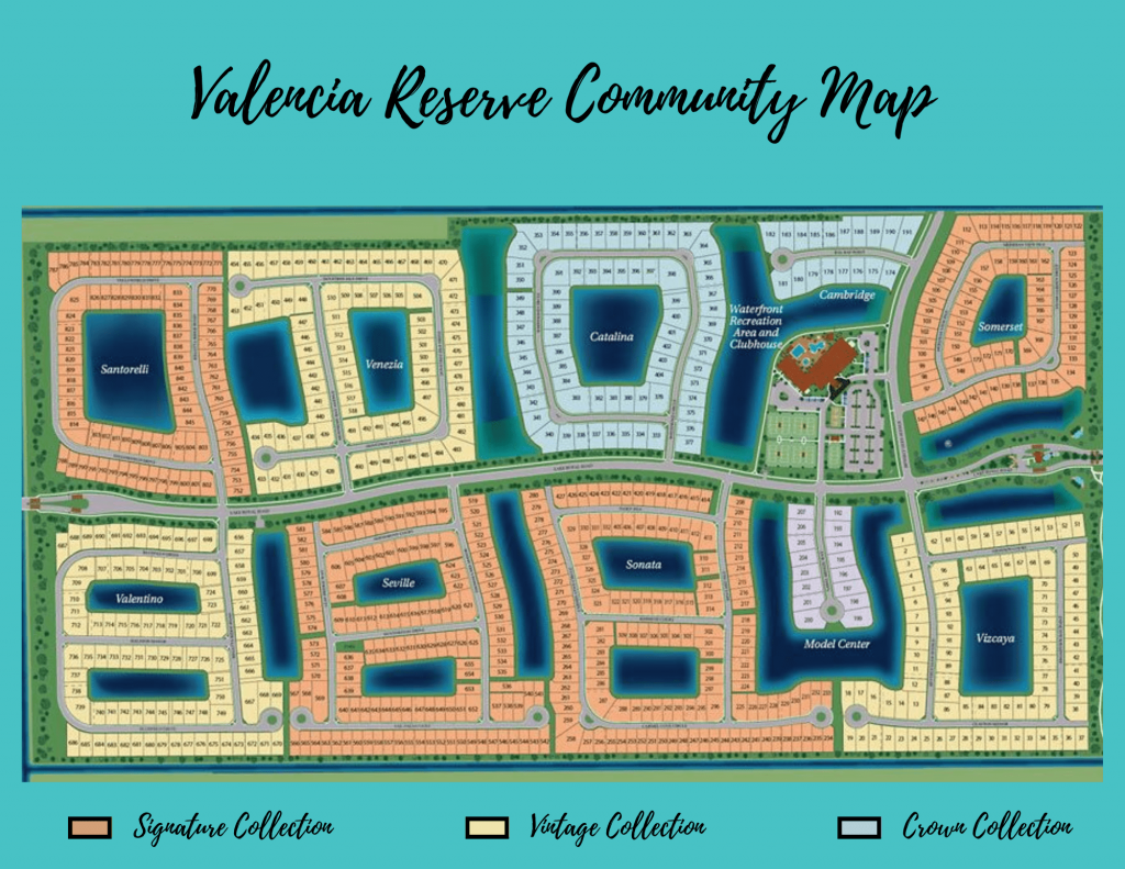 alt= "Valencia Reserve community map showing the the signature, vintage and crown collection sections."
