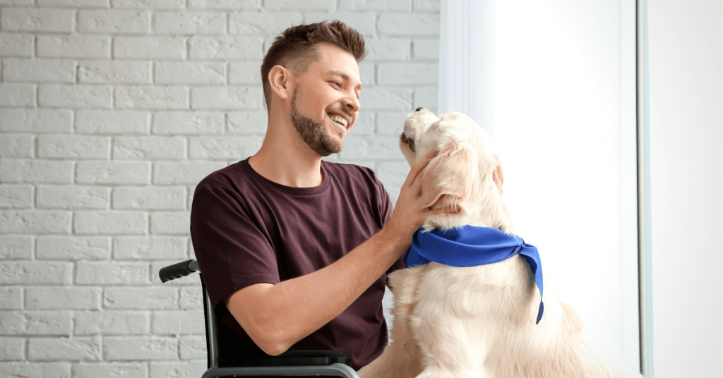 alt="Man with service dog links to service dog and emotional support animal rules in Florida."